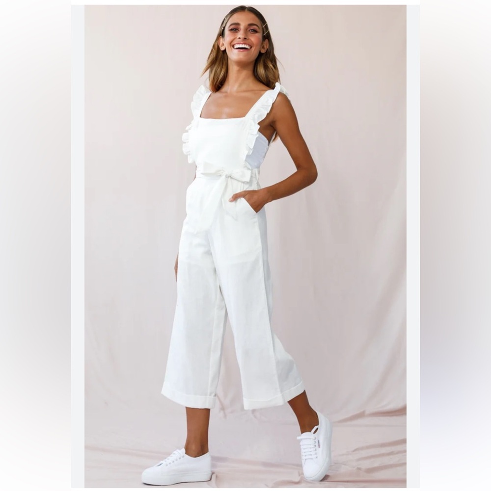 Selfie Leslie SERENADE RUFFLE STRAP PINAFORE JUMPSUIT WHITE
